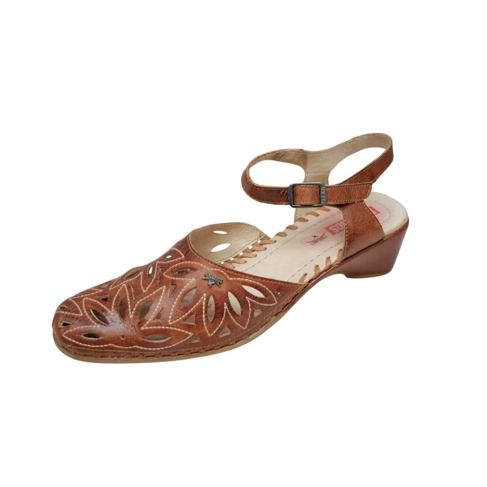 Pikolinos Sandals Womens 40/9 Brown Leather Cutout Wedge Ankle Strap